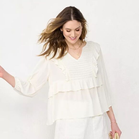 Lauren Conrad Smocked Ruffle Top Ivory Bohemian XL - Picture 1 of 8